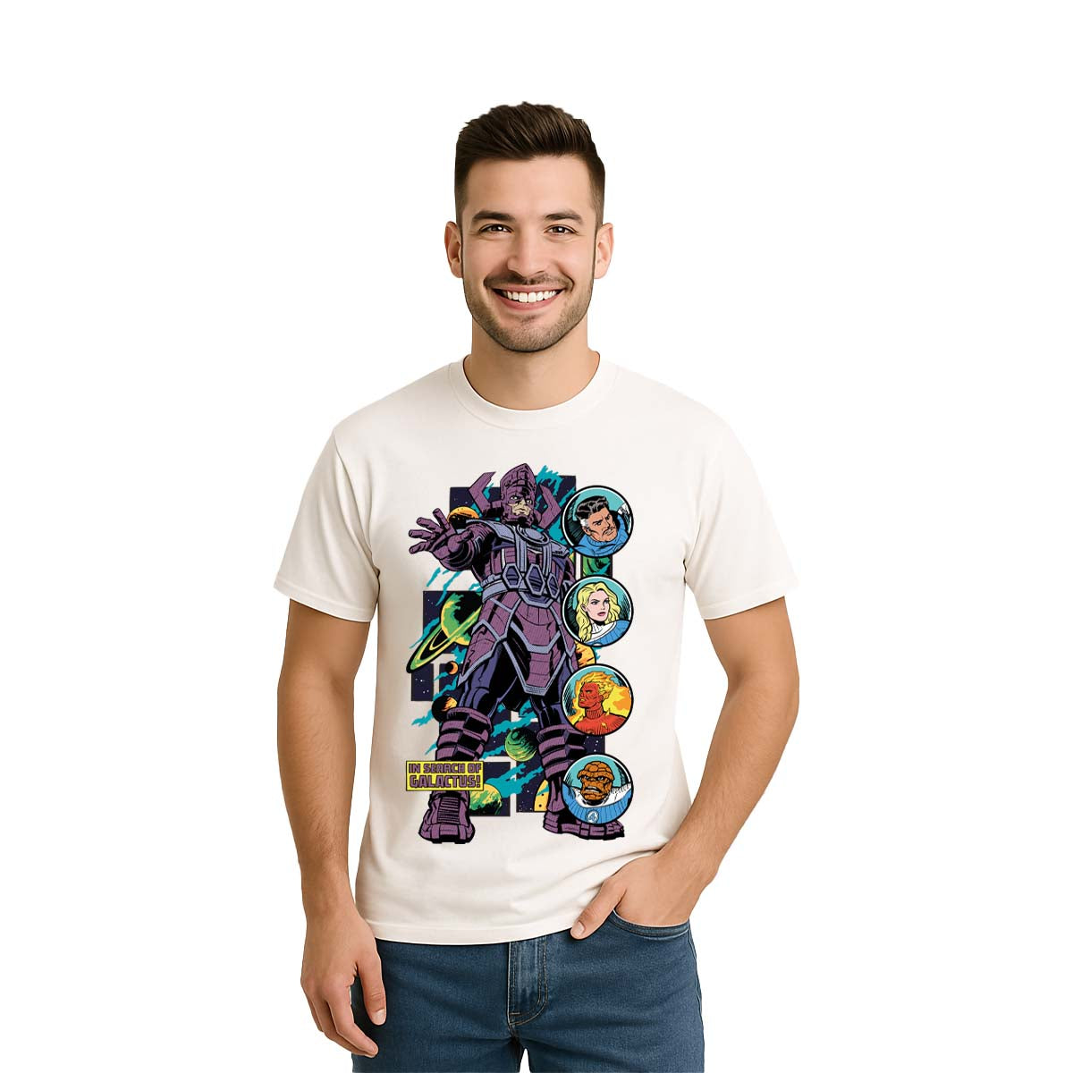 Playera 4 Fantásticos Hombre Mujer Blanco Marvel Original In Serch of Galactus - Fan Army