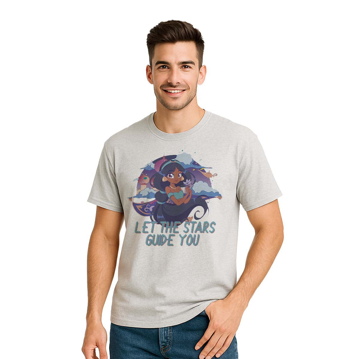 Playera Princesas Hombre Mujer Gris Disney Original Let The Stars Guide You - Fan Army