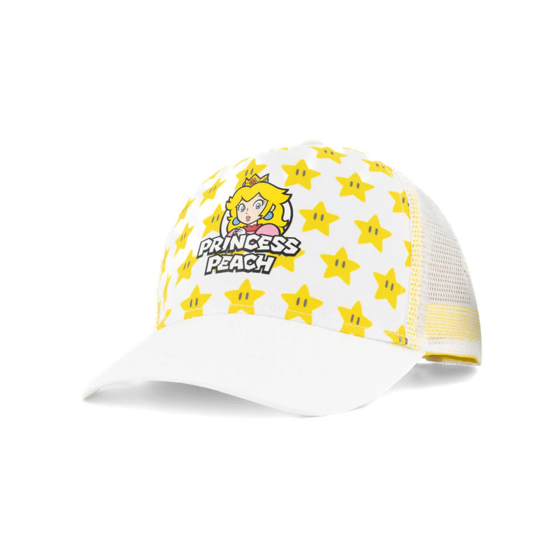 Bioworld Gorra Trucker Princesa Peach de Super Mario - Licencia Oficial Nintendo, Blanco con Amarillo, Unisex Adulto - Fan Army