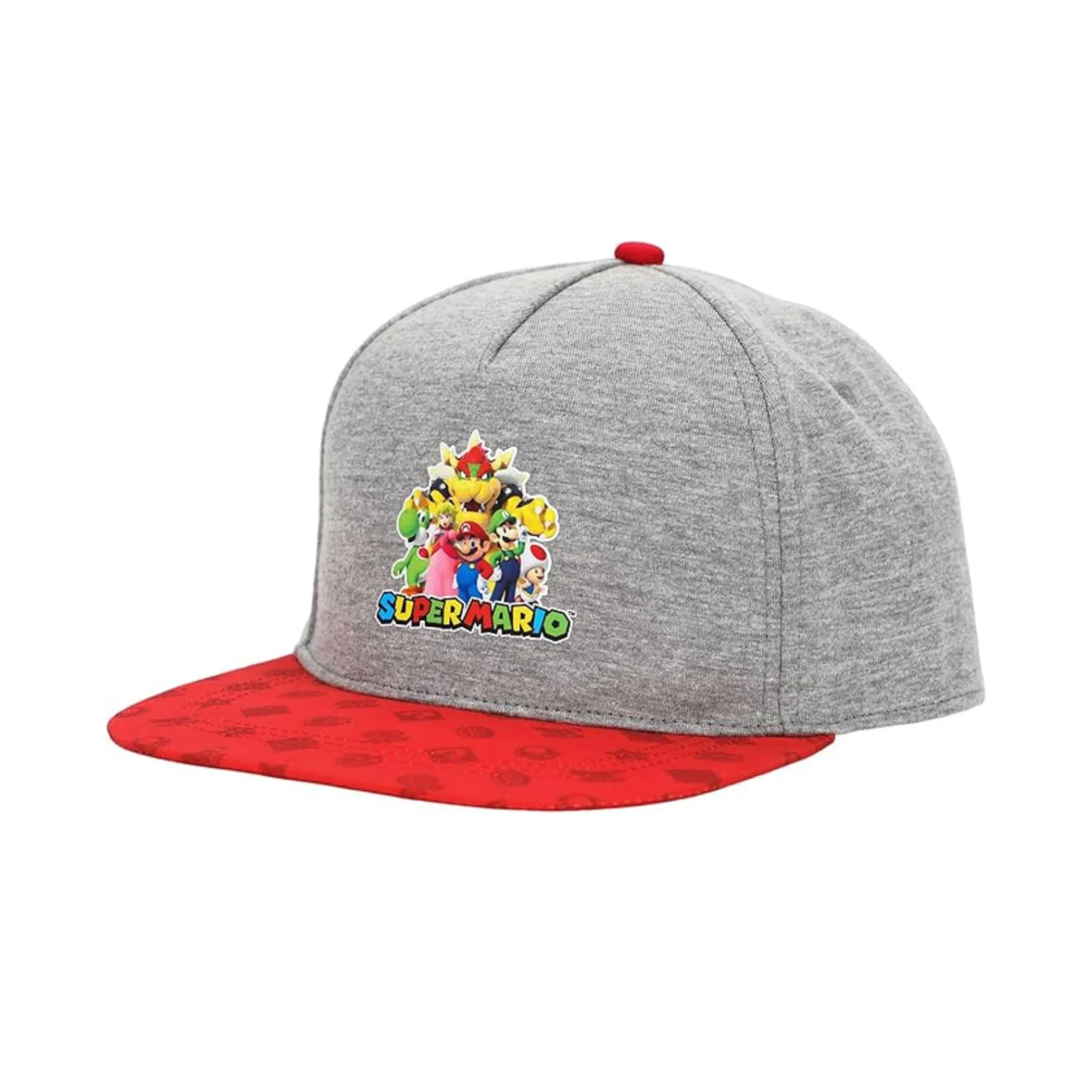 Bioworld Gorra Super Mario Personajes - Visera Plana Diseño de Iconos, Gris y Rojo, Ajustable, Licencia Oficial Nintendo - Fan Army