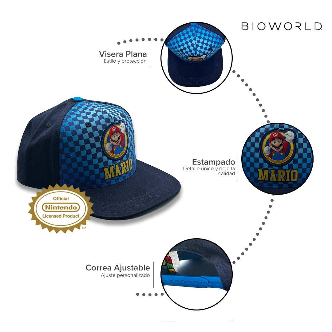 Bioworld Gorra para niños Super Mario - Parche del Personaje, Ajustable, Color Azul, Licencia Oficial Nintendo - Fan Army