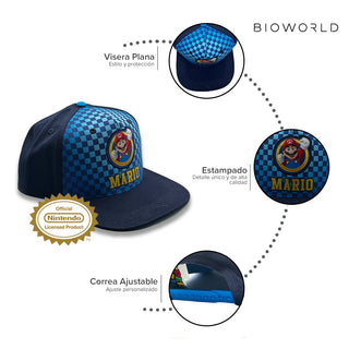 Bioworld Gorra para niños Super Mario - Parche del Personaje, Ajustable, Color Azul, Licencia Oficial Nintendo