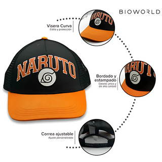 Bioworld Gorra Naruto Shippuden - Visera Curva, Logo Aldea de la Hoja, Naranja, Oficial y de Alta Calidad