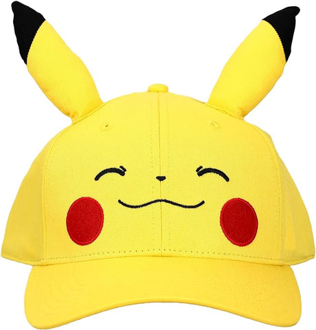 Bioworld Gorra Snapback Pokémon Pikachu con Orejas 3D - Diseño de Cara Sonriente, Producto Oficial, Unisex