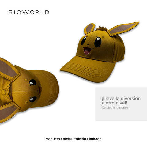 Bioworld Gorra Eevee con Orejas en 3D - Bordado Detallado, Original de Alta Calidad, Ajustable, Oficial Pokémon