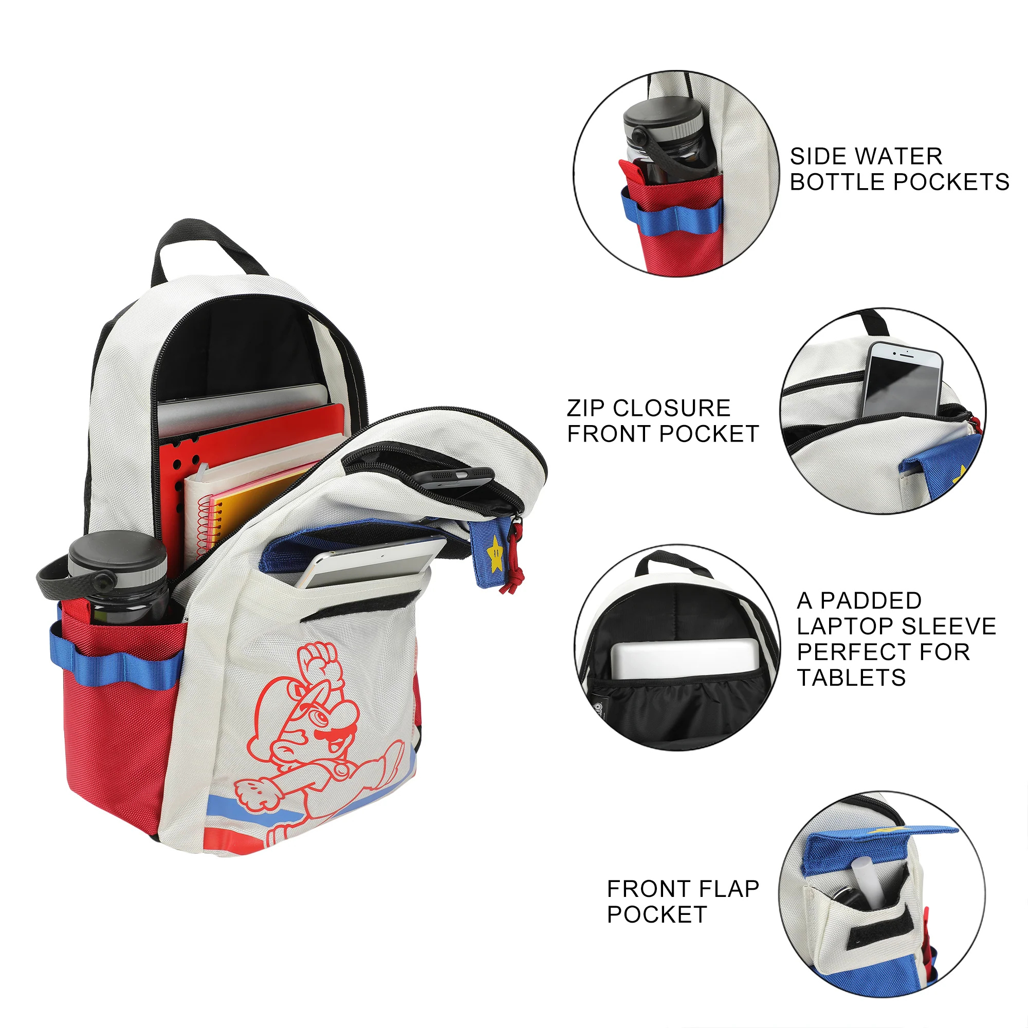 Mochila Super Mario Gamer con Compartimento Laptop | Bolsas Frontales | Ajustable - Fan Army