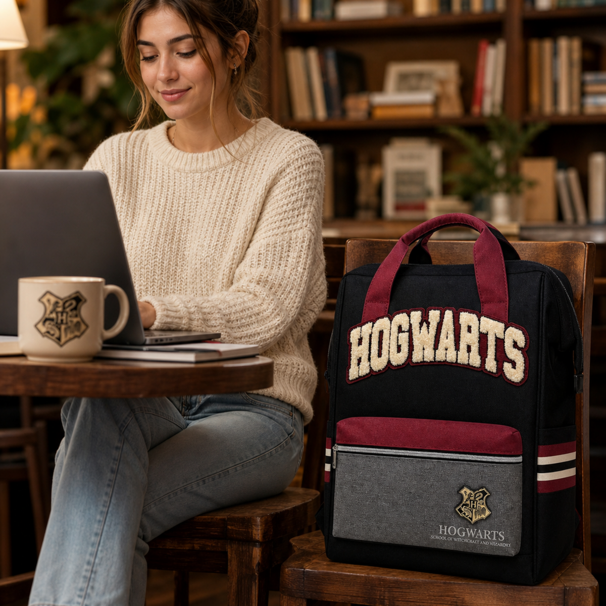 Mochila Harry Potter Hogwarts Negra Escolar con Bolsillo Frontal