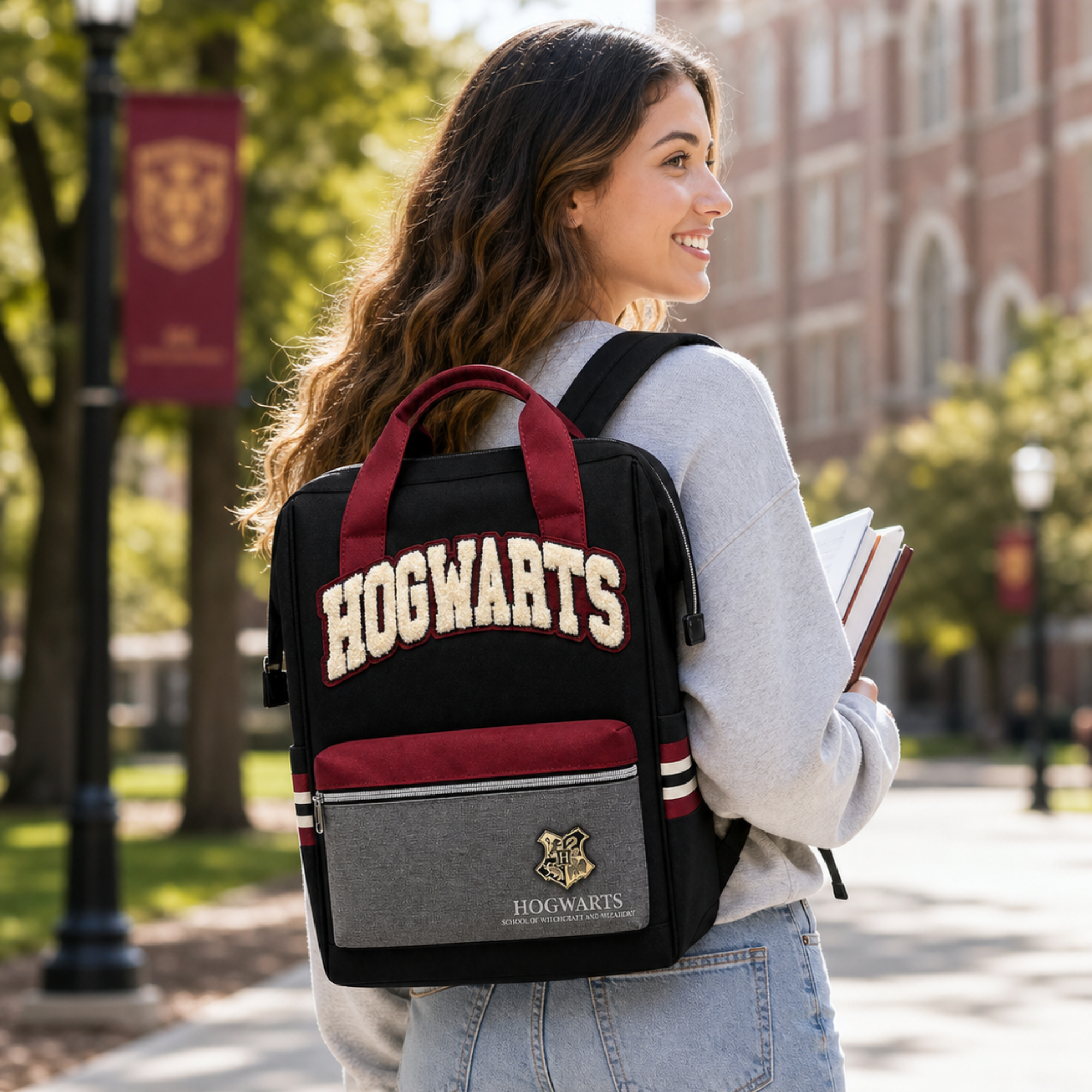 Mochila Harry Potter Hogwarts Negra Escolar con Bolsillo Frontal