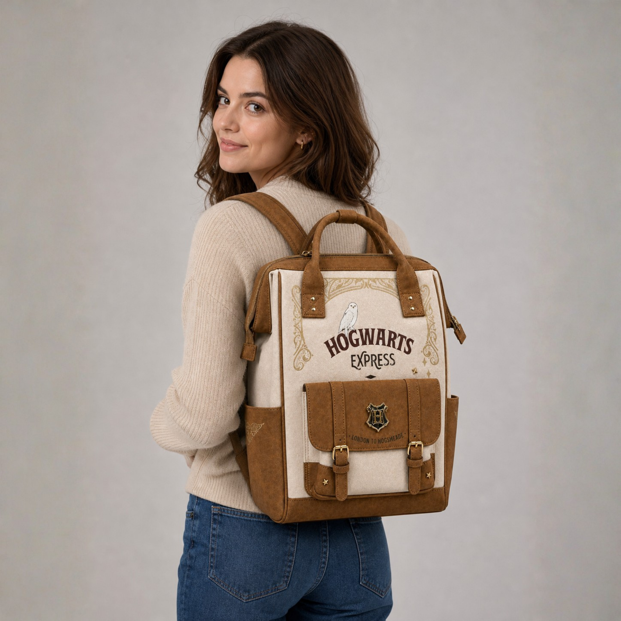 Mochila Harry Potter Hogwarts Express Beige Café Escolar