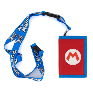 Bioworld - Cartera Trifold Super Mario Nintendo, Rojo y Azul con Logo de la M, Lanyard y Broche - Unisex