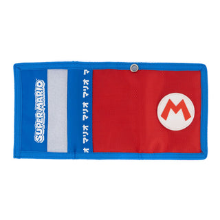 Bioworld - Cartera Trifold Super Mario Nintendo, Rojo y Azul con Logo de la M, Lanyard y Broche - Unisex