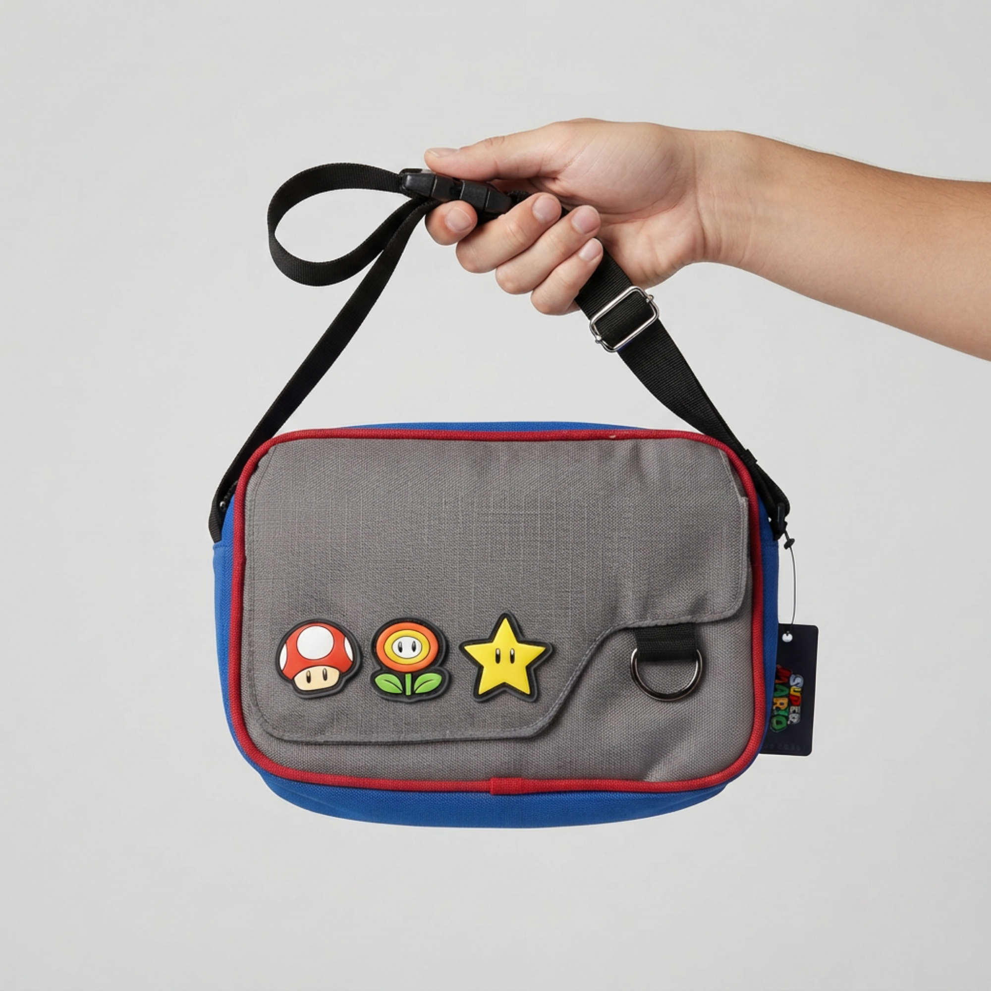Mariconera Super Mario Gris con Iconos y Correa Oficial