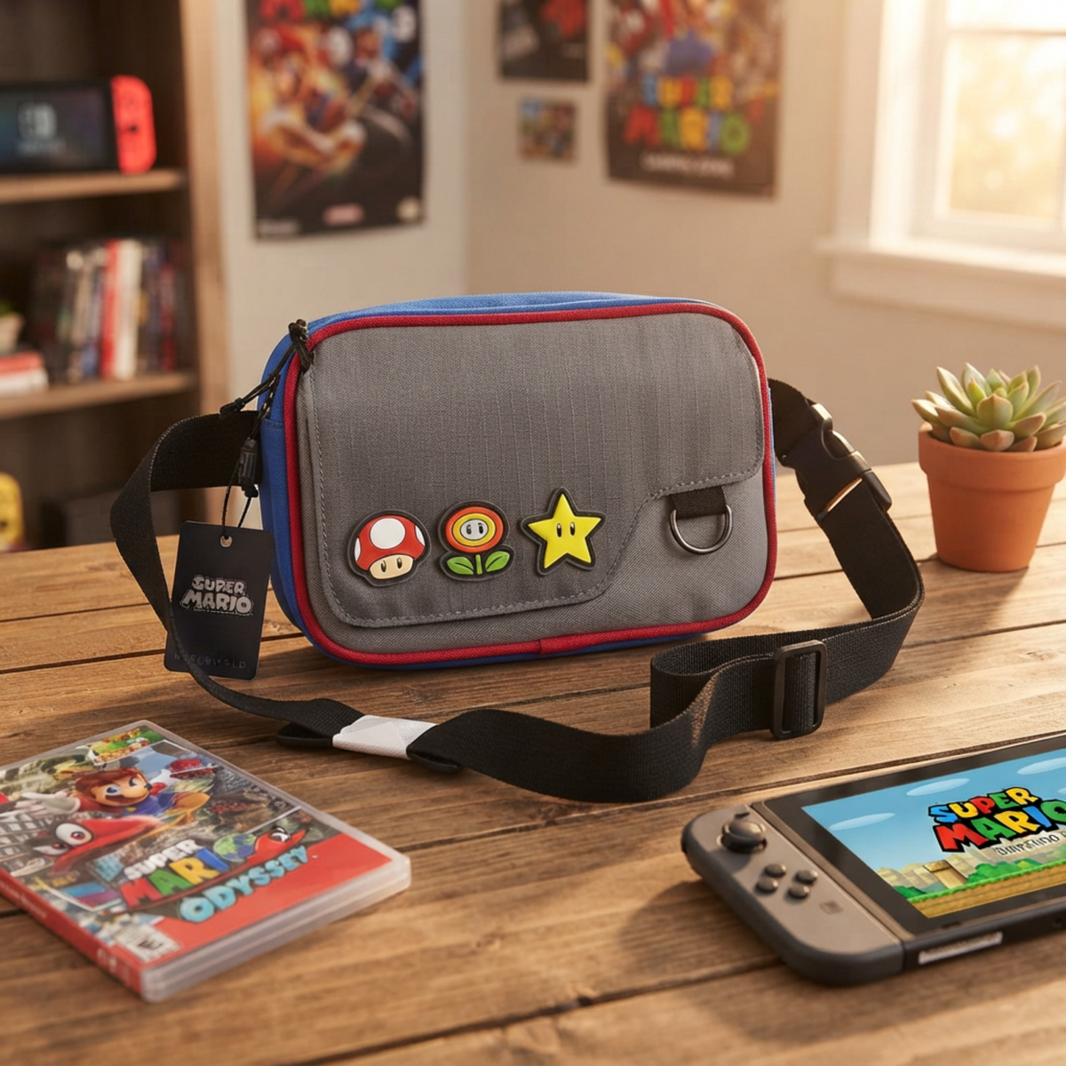 Mariconera Super Mario Gris con Iconos y Correa Oficial