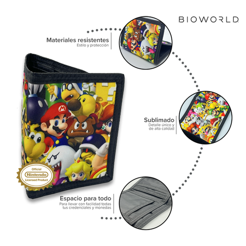 Bioworld - Cartera Bifold Super Mario Bros con Personajes Sublimados, PU, para Adulto - Producto Oficial Nintendo