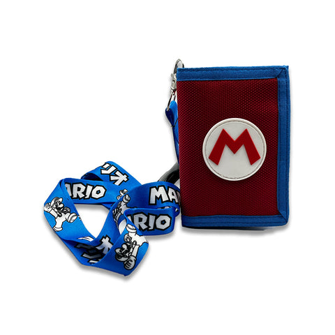 Bioworld - Cartera Trifold Super Mario Nintendo, Rojo y Azul con Logo de la M, Lanyard y Broche - Unisex