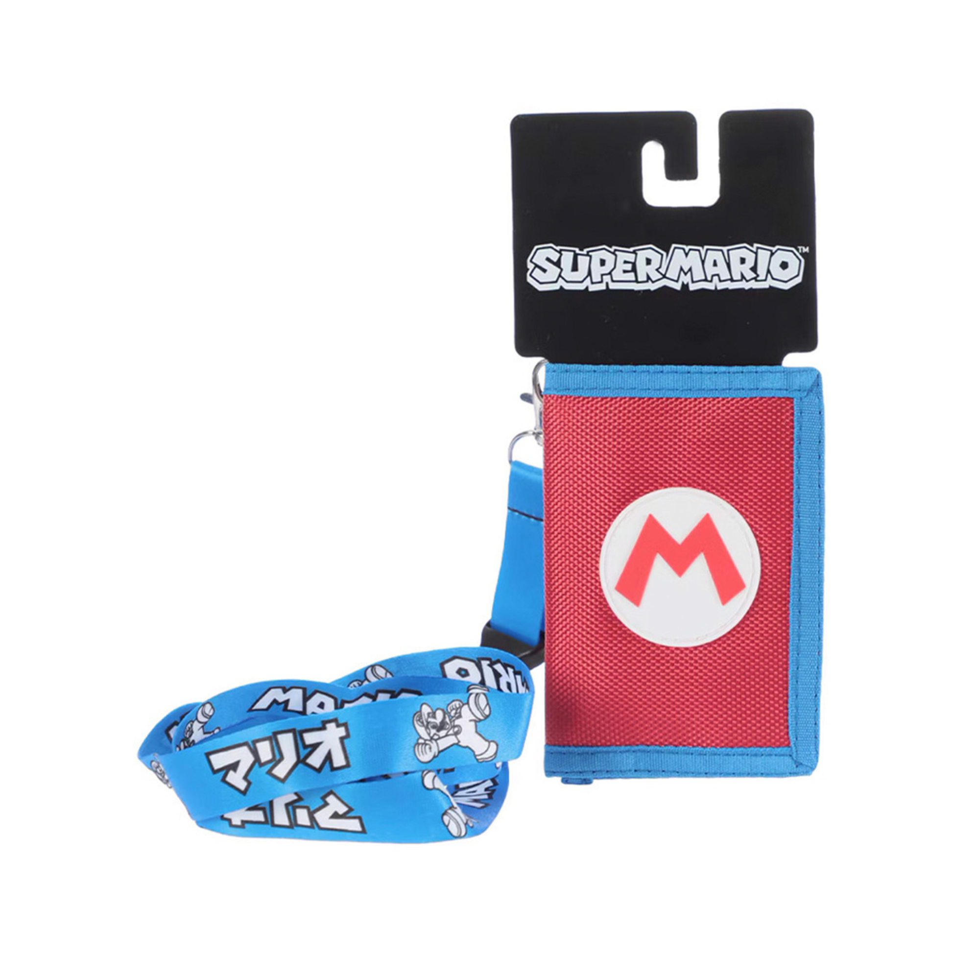 Bioworld - Cartera Trifold Super Mario Nintendo, Rojo y Azul con Logo de la M, Lanyard y Broche - Unisex - Fan Army