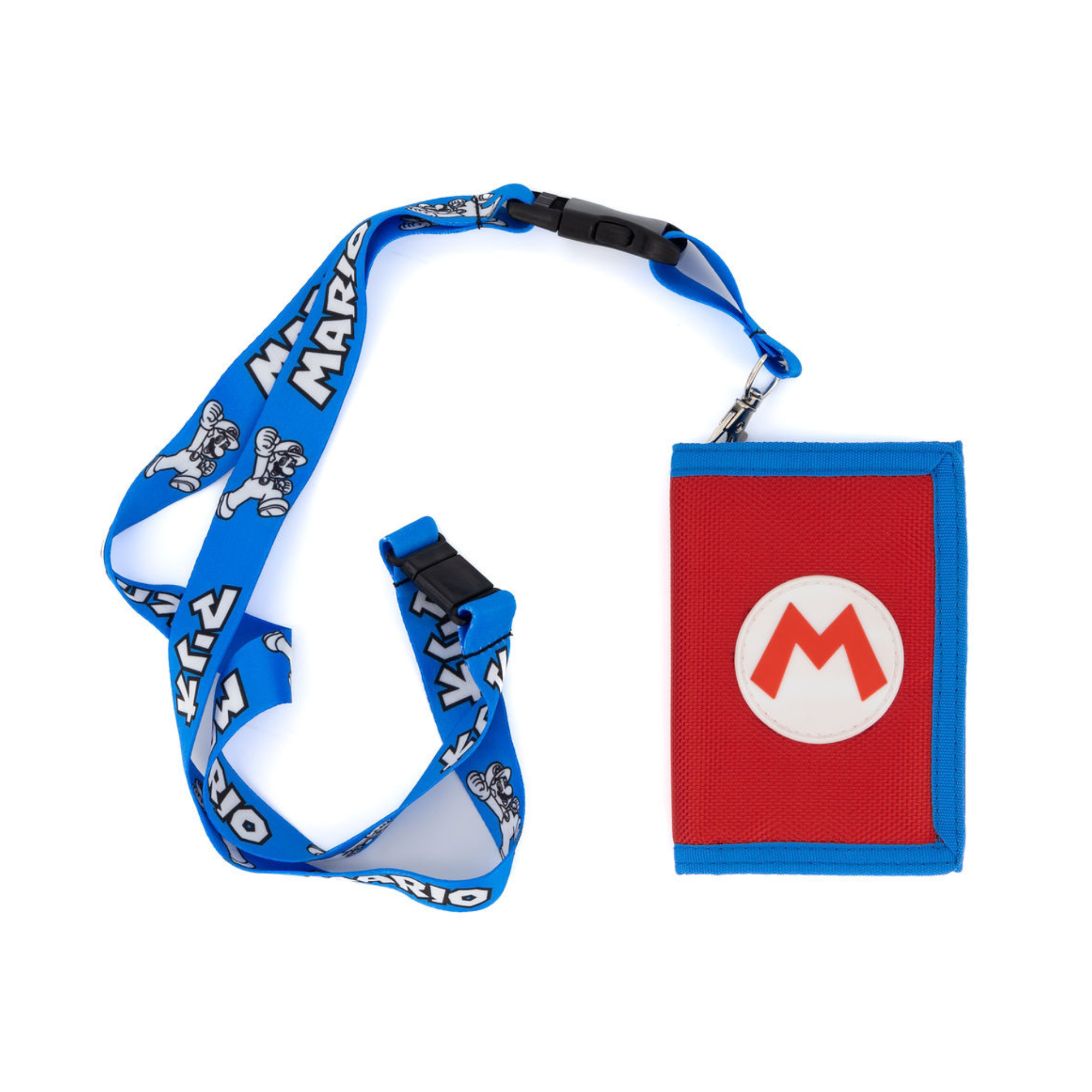 Bioworld - Cartera Trifold Super Mario Nintendo, Rojo y Azul con Logo de la M, Lanyard y Broche - Unisex - Fan Army
