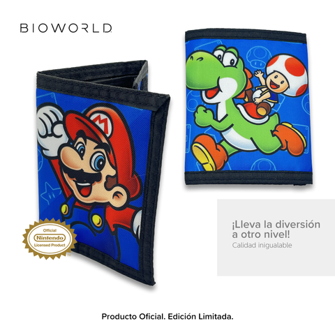 Bioworld - Cartera Trifold Infantil Super Mario Nintendo, Azul con Mario, Luigi, Toad y Yoshi - Oficial