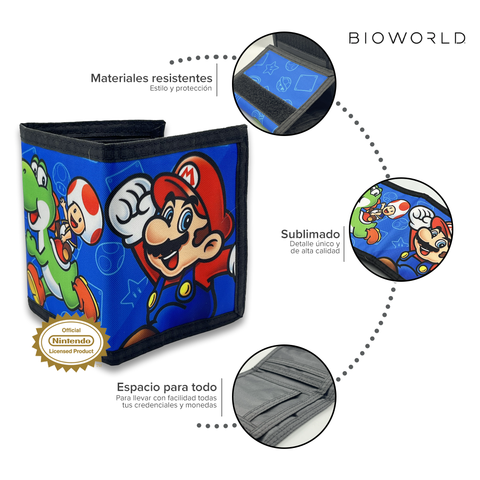 Bioworld - Cartera Trifold Infantil Super Mario Nintendo, Azul con Mario, Luigi, Toad y Yoshi - Oficial