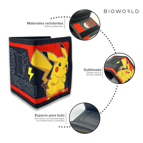 Bioworld - Cartera Trifold Pokémon, Diseño de Pikachu en Negro y Rojo, Cierre de Velcro, Producto Oficial