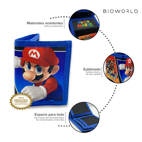 Bioworld - Cartera Trifold Infantil Super Mario Nintendo, Diseño Doble: Mario y Todos los Personajes - Oficial