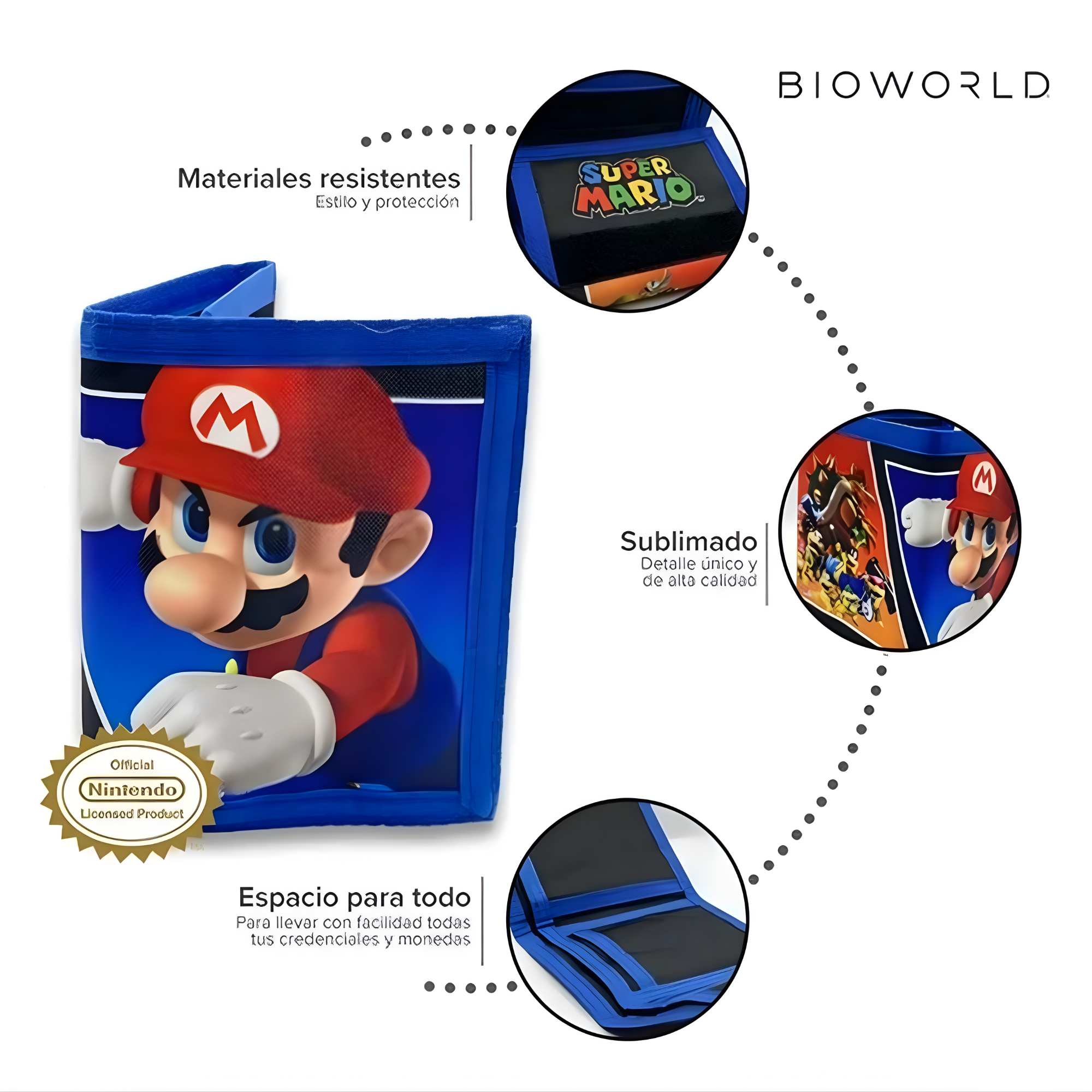 Bioworld - Cartera Trifold Infantil Super Mario Nintendo, Diseño Doble: Mario y Todos los Personajes - Oficial - Fan Army