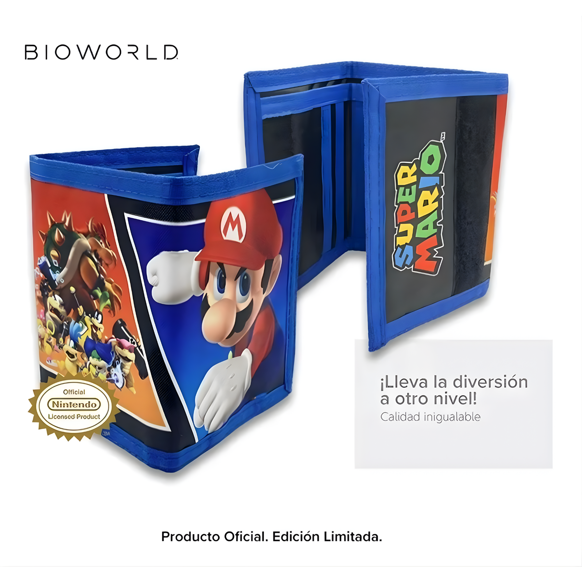 Bioworld - Cartera Trifold Infantil Super Mario Nintendo, Diseño Doble: Mario y Todos los Personajes - Oficial - Fan Army