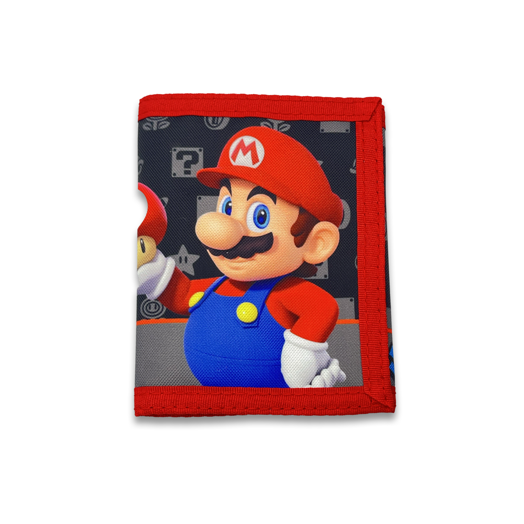 Bioworld - Cartera Trifold Infantil Super Mario Nintendo, Negro con Pattern y Mario y Luigi - Oficial - Fan Army