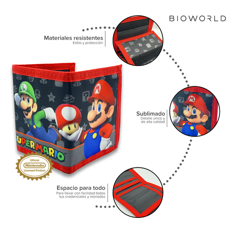 Bioworld - Cartera Trifold Infantil Super Mario Nintendo, Negro con Pattern y Mario y Luigi - Oficial
