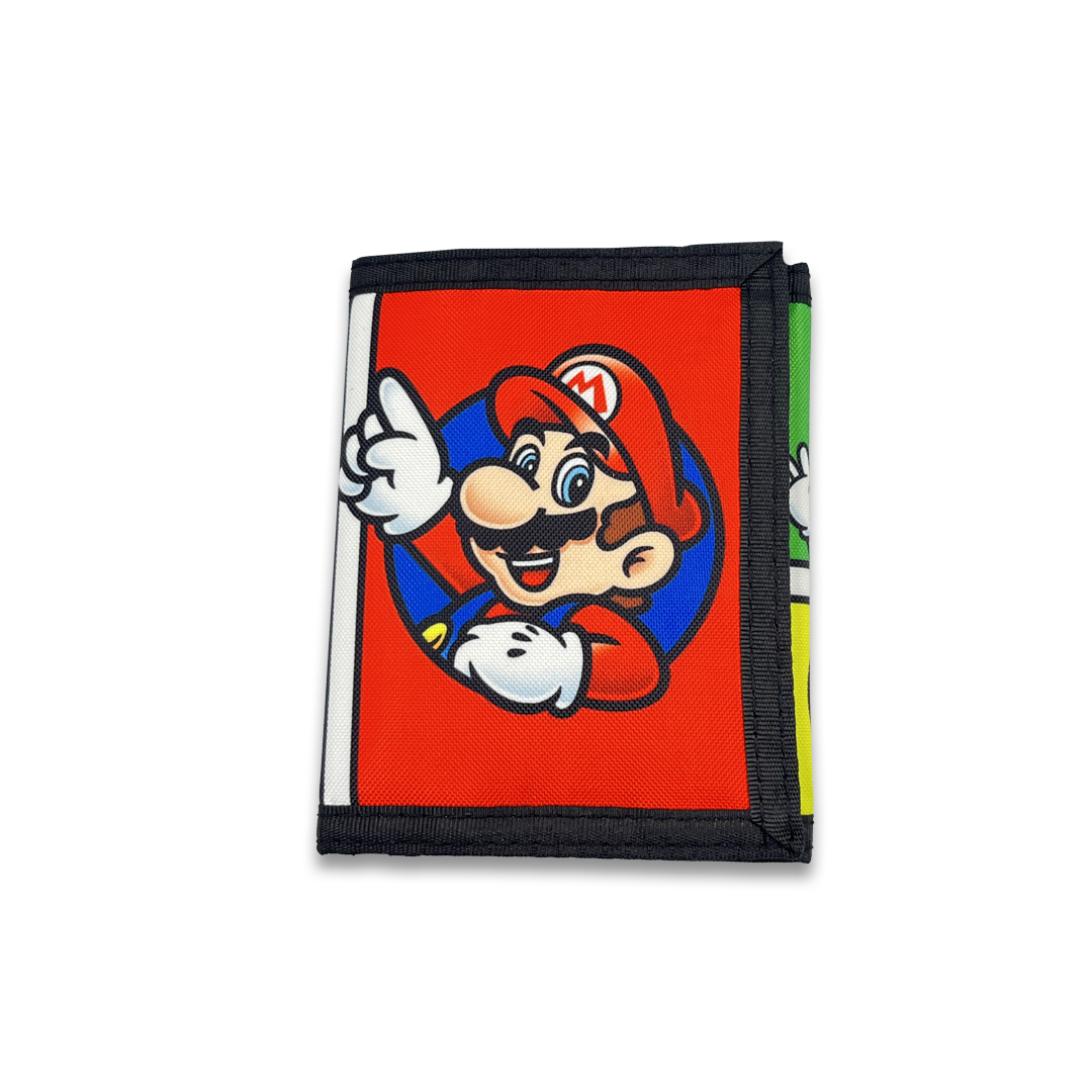 Bioworld - Cartera Trifold Infantil Super Mario Nintendo, Sublimation Print, Diseño Color Pop con Mario, Luigi, Bowser, Yoshi y Toad - Oficial - Fan Army