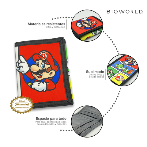 Bioworld - Cartera Trifold Infantil Super Mario Nintendo, Sublimation Print, Diseño Color Pop con Mario, Luigi, Bowser, Yoshi y Toad - Oficial