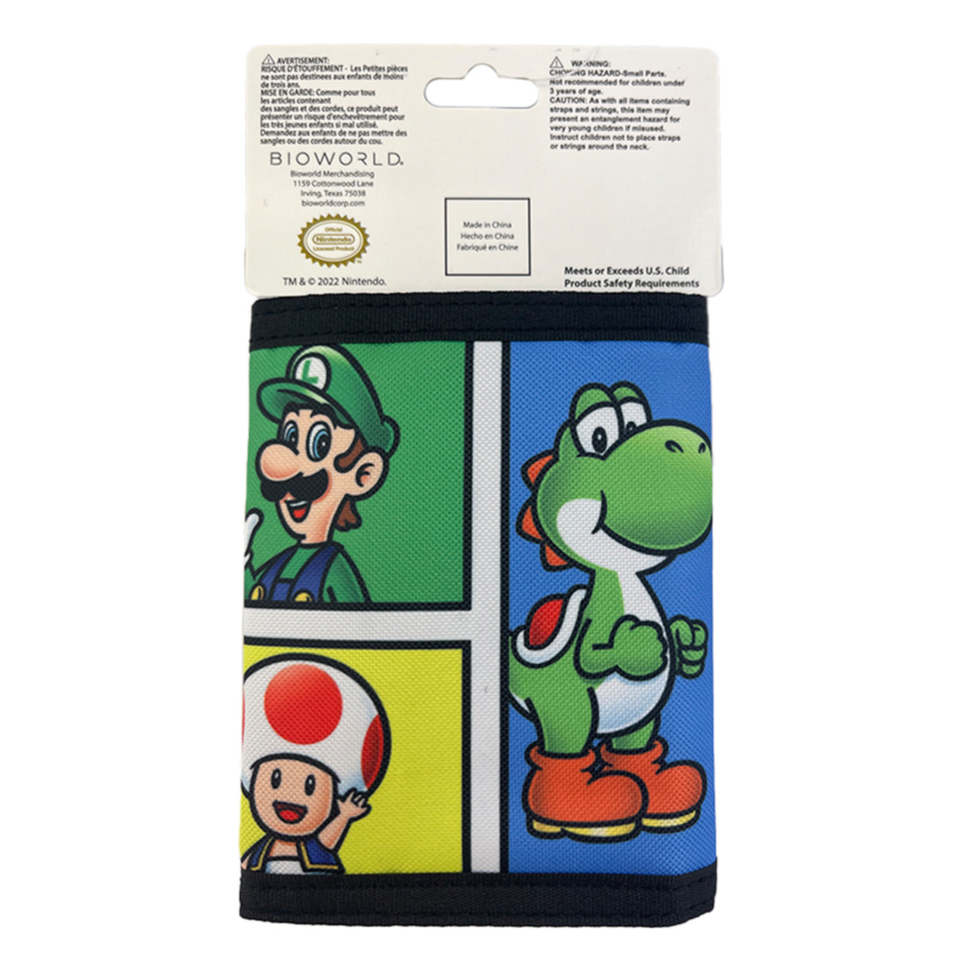 Bioworld - Cartera Trifold Infantil Super Mario Nintendo, Sublimation Print, Diseño Color Pop con Mario, Luigi, Bowser, Yoshi y Toad - Oficial - Fan Army
