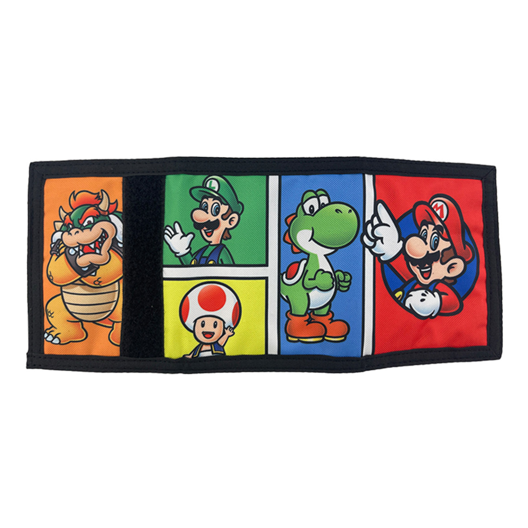 Bioworld - Cartera Trifold Infantil Super Mario Nintendo, Sublimation Print, Diseño Color Pop con Mario, Luigi, Bowser, Yoshi y Toad - Oficial - Fan Army