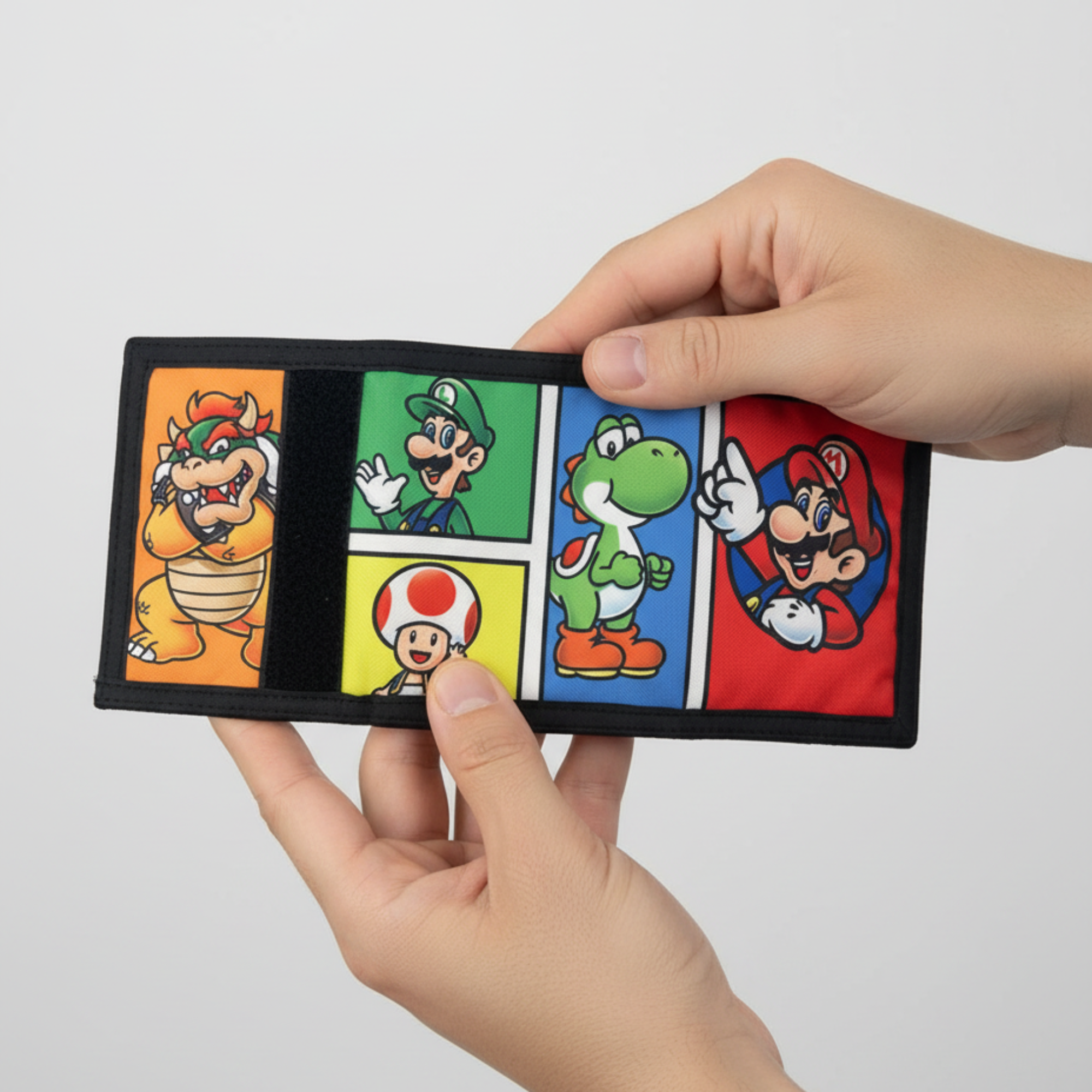 Bioworld - Cartera Trifold Infantil Super Mario Nintendo, Sublimation Print, Diseño Color Pop con Mario, Luigi, Bowser, Yoshi y Toad - Oficial - Fan Army