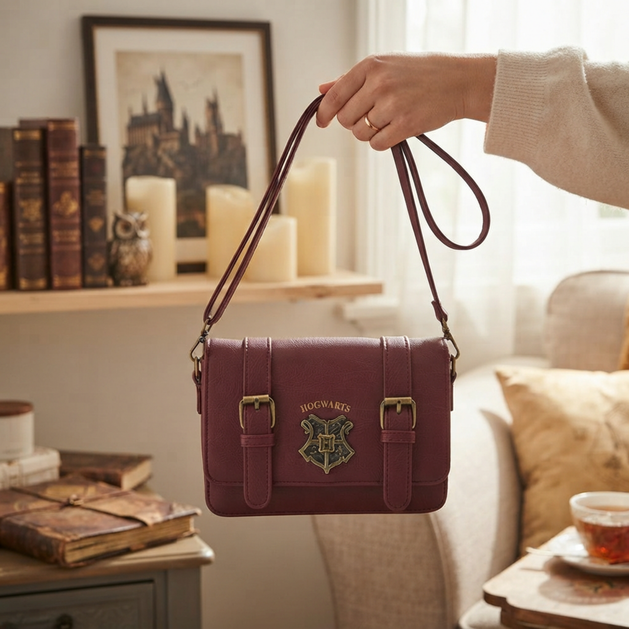 Bolsa Crossbody Harry Potter Hogwarts Vino con Correa Ajustable