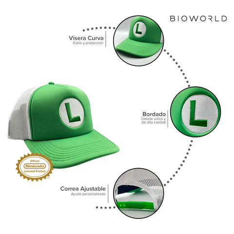 Super Mario | Gorra Luigi "L" Ajustable con Visera Curva, Verde y Gris, Producto Oficial de Nintendo - Bioworld