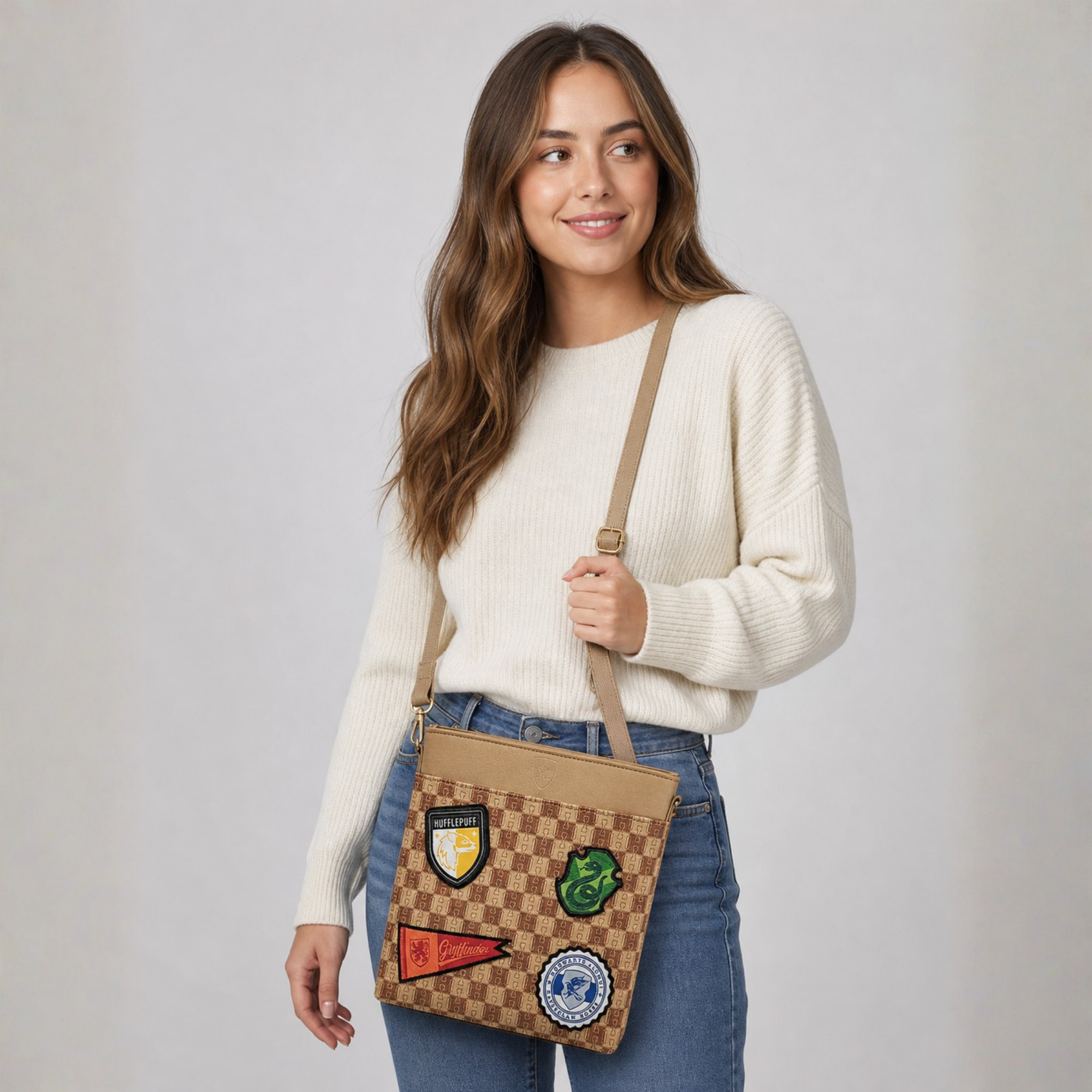 Bolsa Crossbody Harry Potter Hogwarts Casas Beige Correa Ajustable