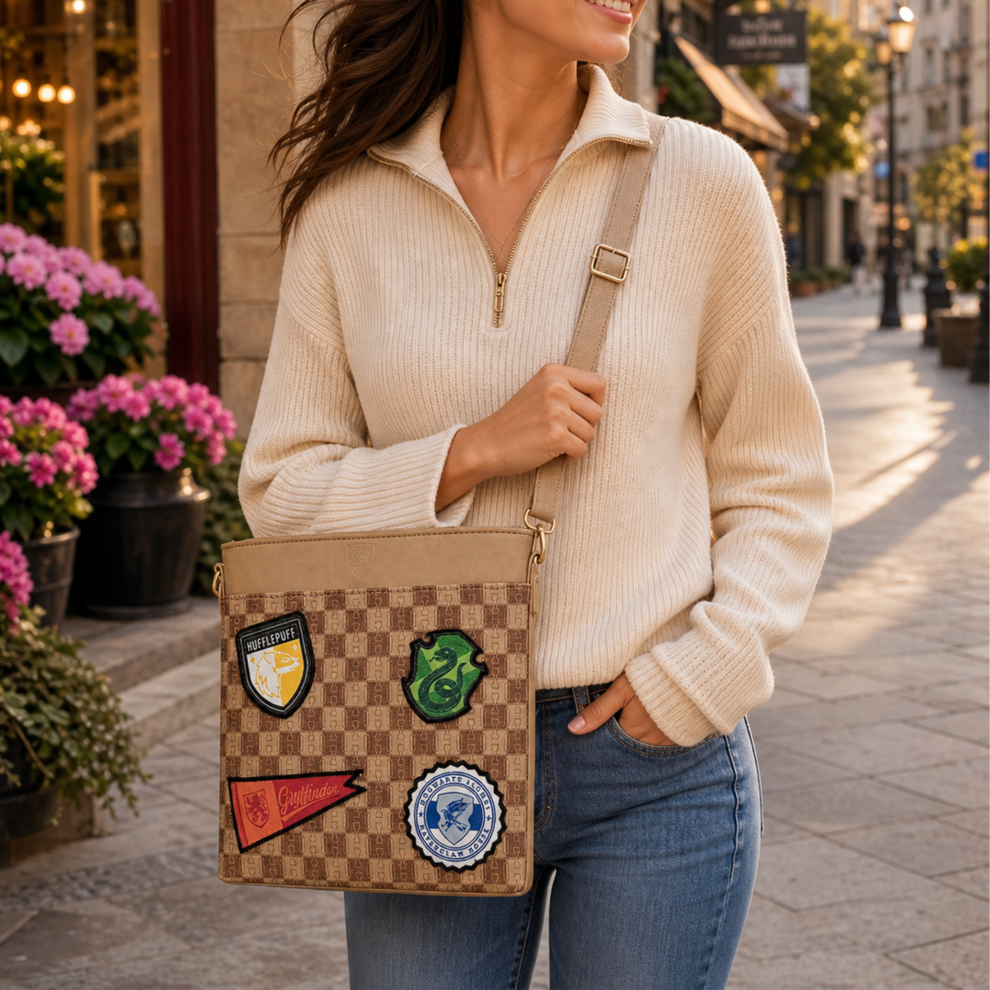 Bolsa Crossbody Harry Potter Hogwarts Casas Beige Correa Ajustable
