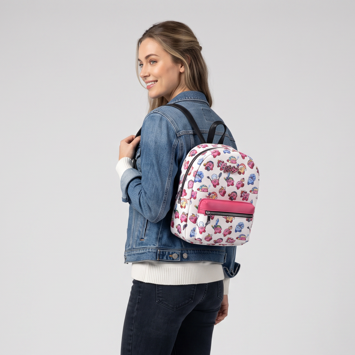 Mini Mochila Kirby Blanca y Rosa con Bolsillo Frontal