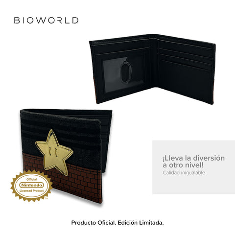 Bioworld - Cartera Bifold de Super Mario, Nintendo Original, Negro y Café con Estrella y Brick Wall