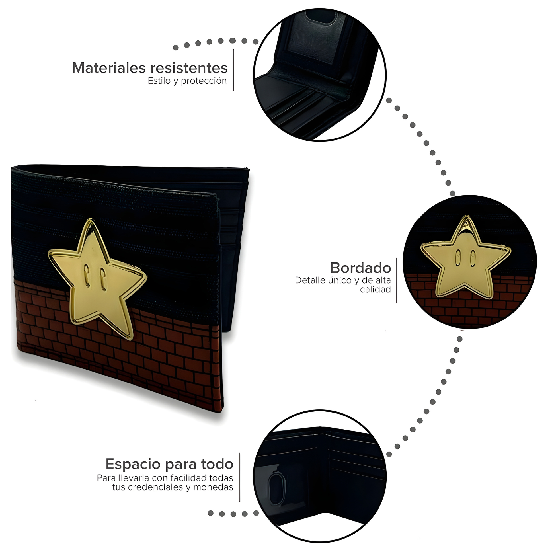 Bioworld - Cartera Bifold de Super Mario, Nintendo Original, Negro y Café con Estrella y Brick Wall - Fan Army