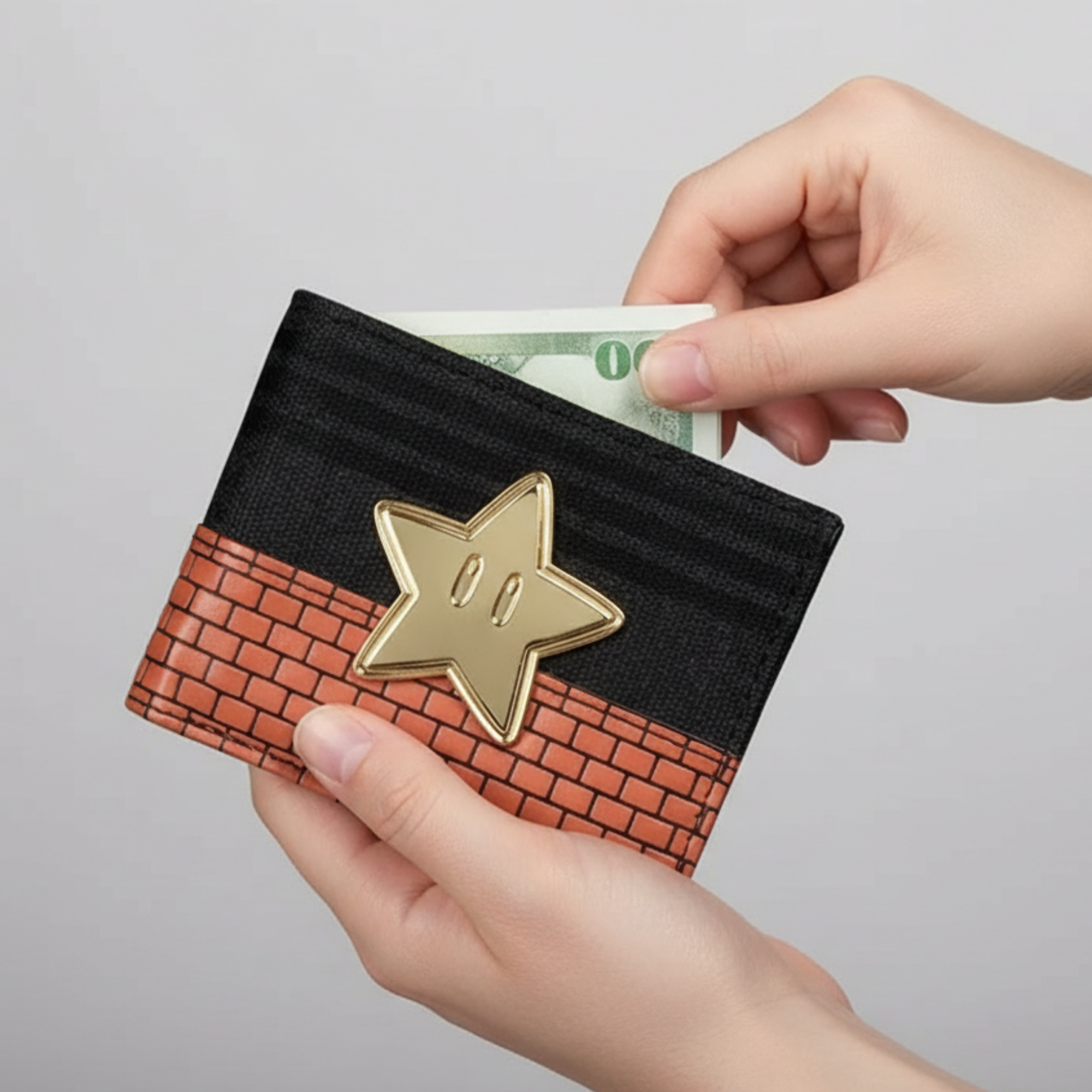 Bioworld - Cartera Bifold de Super Mario, Nintendo Original, Negro y Café con Estrella y Brick Wall - Fan Army