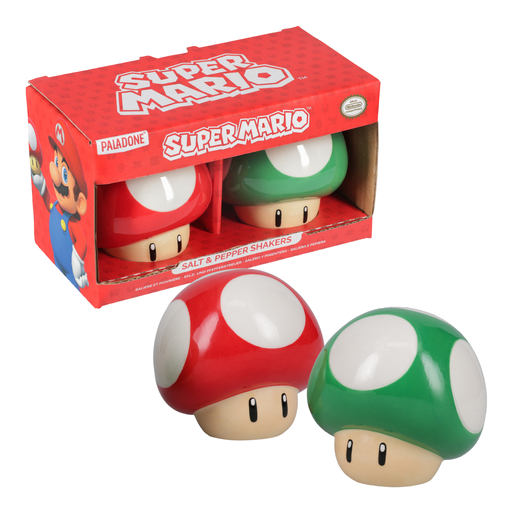 Set de Salero y Pimentero Super Mario Oficial Nintendo, Diseño Hongos Rojo y Verde