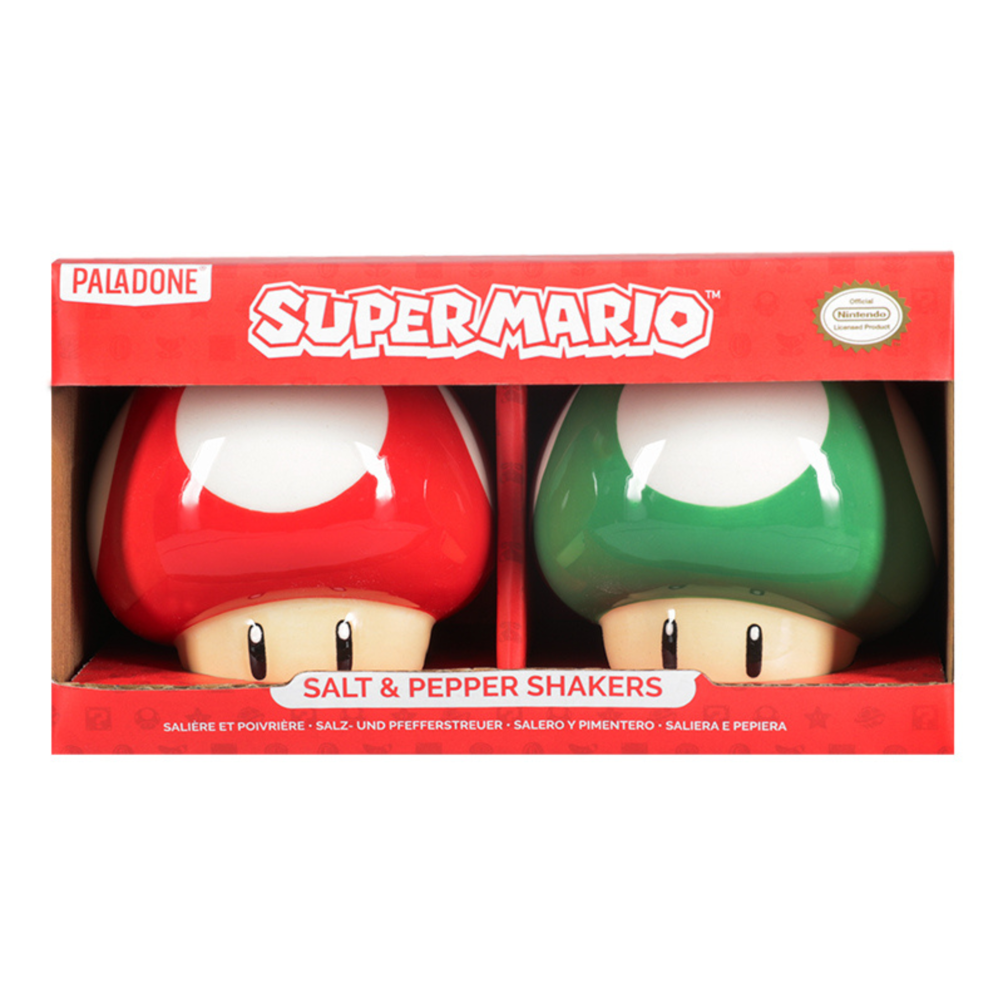 Set de Salero y Pimentero Super Mario Oficial Nintendo, Diseño Hongos Rojo y Verde