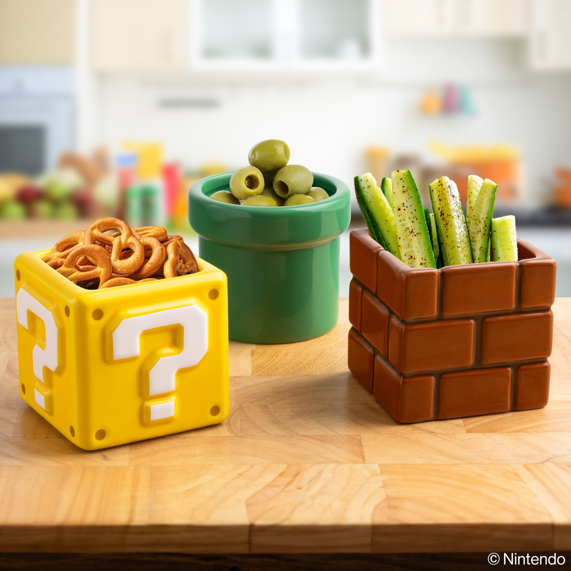 Set de 3 Bowls Super Mario Oficial Nintendo, Diseños de Bloque “?”, Ladrillo y Tubería Warp