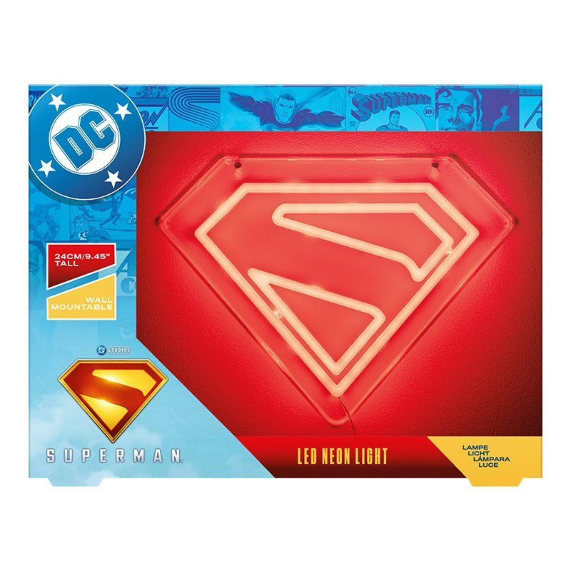Lámpara LED Neon Superman 24 cm Escudo “S” Rojo, Montable en Pared, USB Oficial DC - Fan Army