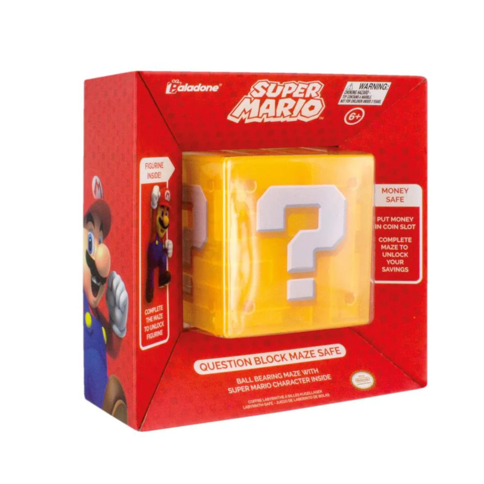 Super Mario Question Block Maze Safe Alcancía con Laberinto y Figura de Mario Oficial Nintendo