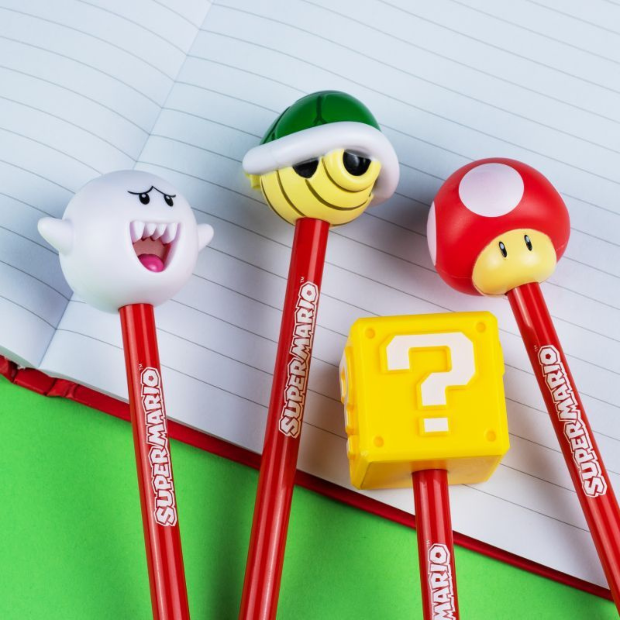 Super Mario Pen Toppers con Pluma 4 Diseños Coleccionables Oficial Nintendo