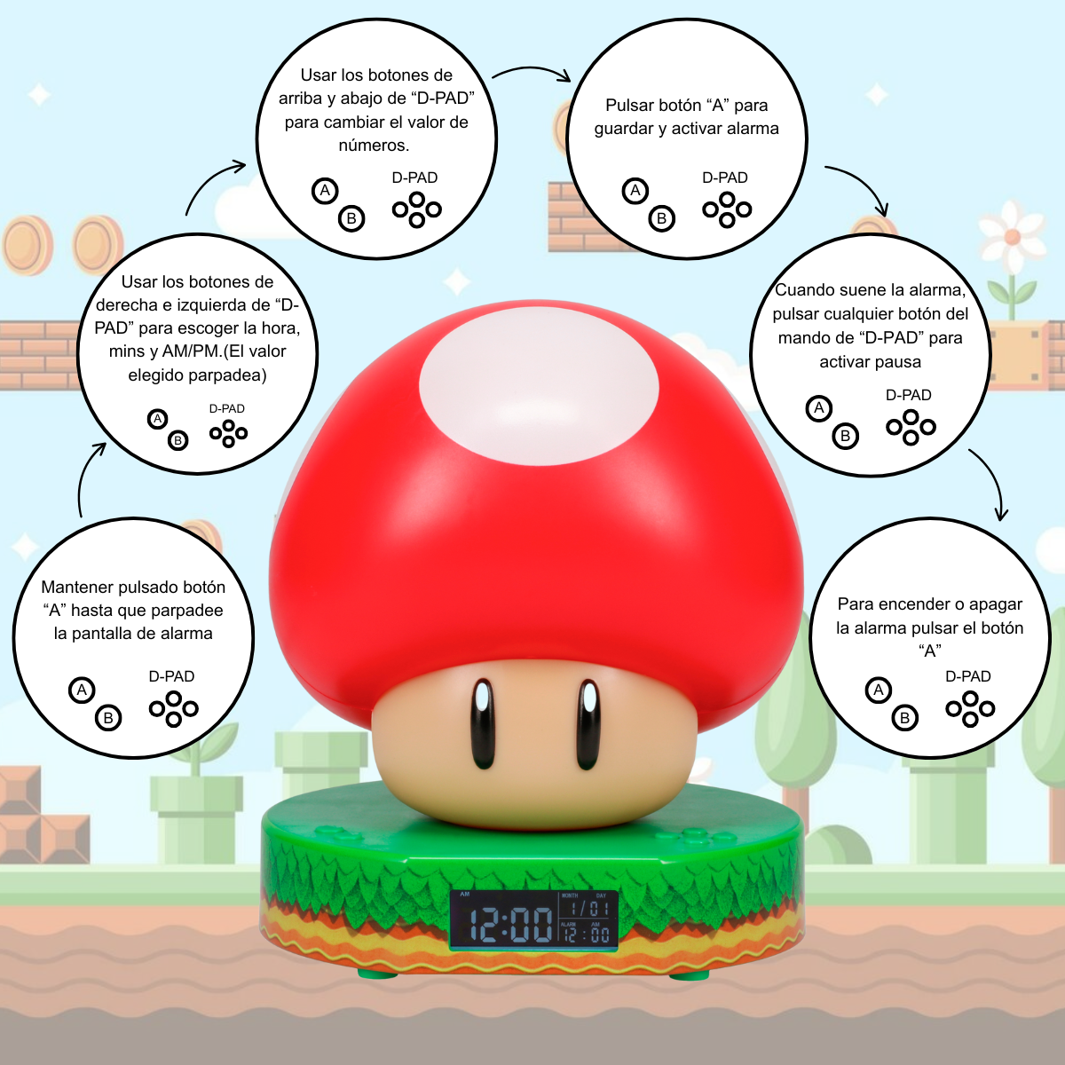 Reloj Despertador de Super Mario Super Mushroom Lámpara Original - Fan Army