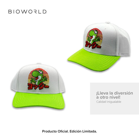 Bioworld Gorra Super Mario - Yoshi Japonés, Ajustable, Blanco y Verde, Oficial Nintendo Edición Limitada